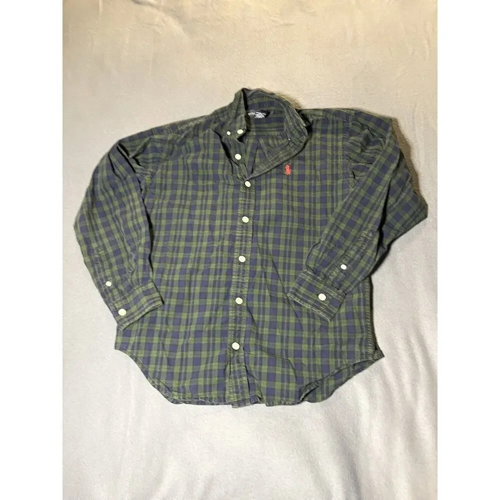 Ralph Lauren Boys/Youth Medium Green Blue Tartan Plaid Long Sleeve Button Down